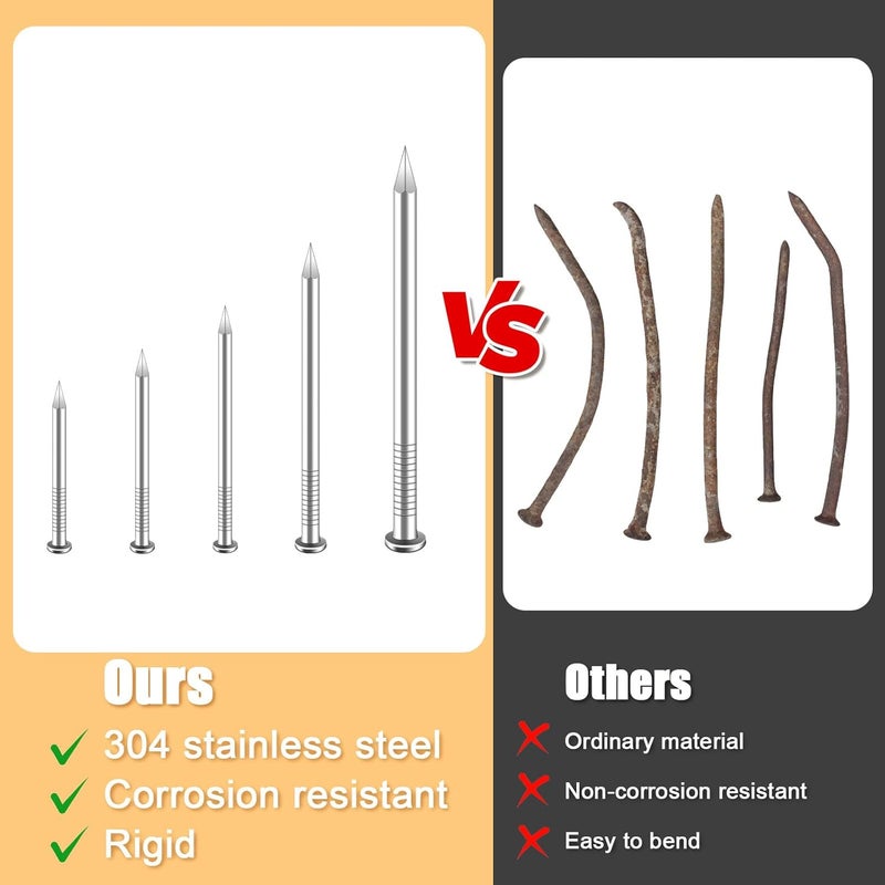 KURUI 500Pcs Stainless Steel Wall Nails Assortment Kit, 6 Sizes Long Nails for Hanging Picture Frames,Wall Decor,Shelves, Wood, Drywall, Small Nails, Finishing Nail, with Storage Box - Image 5